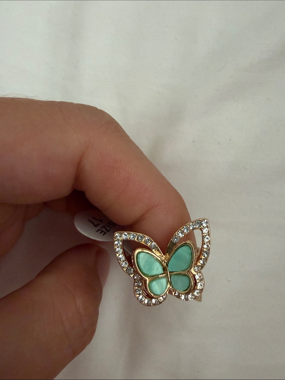 Gold Butterfly Ring with Teal Accents and Rhinestones